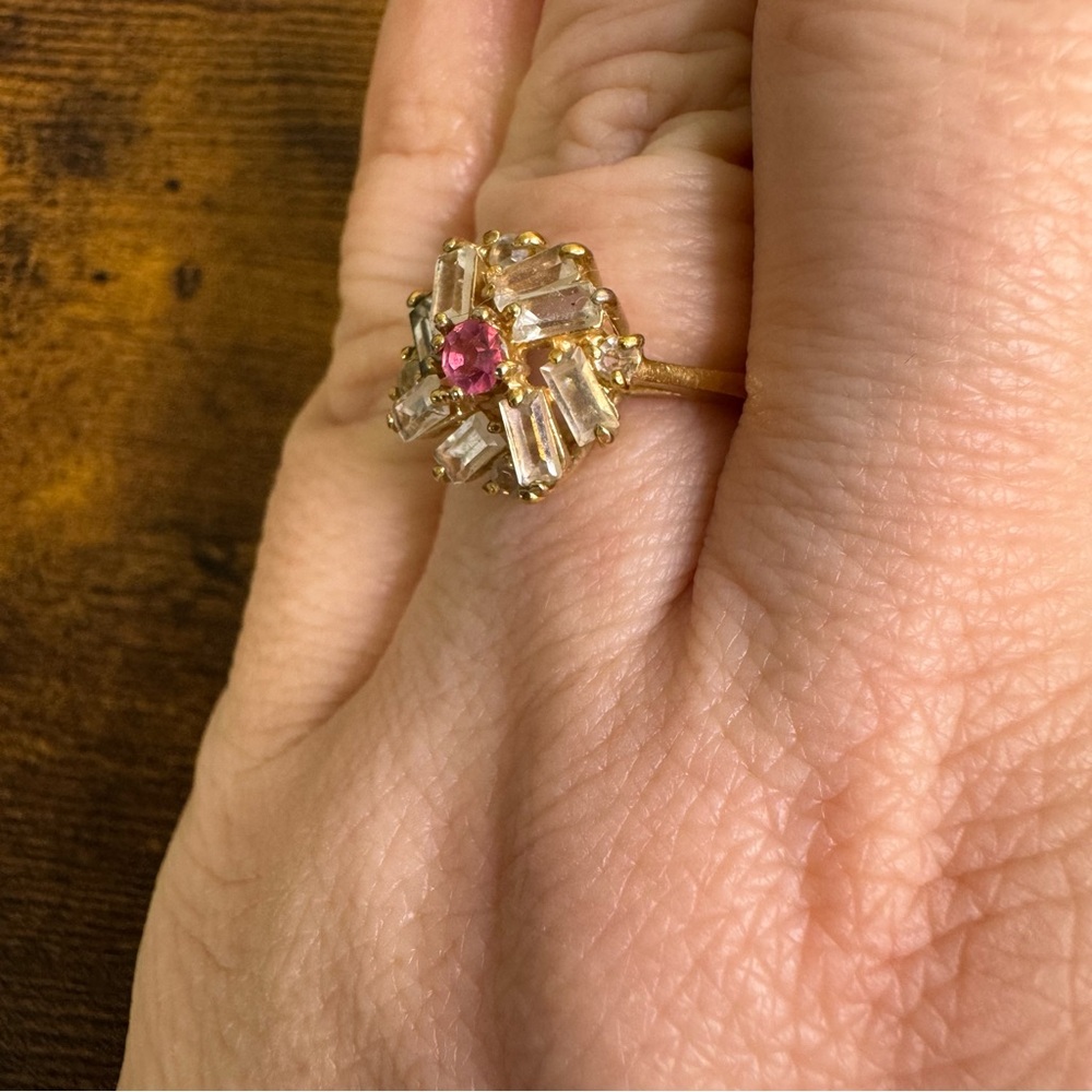 Pink Stone Ballerina Ring Crystal Baguette Cluster Fireworks Gold Plated Vintage - Picture 12 of 14